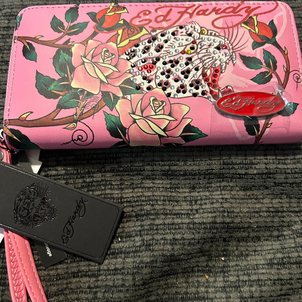 Ed Hardy Pink Embellished Wallet Brand New